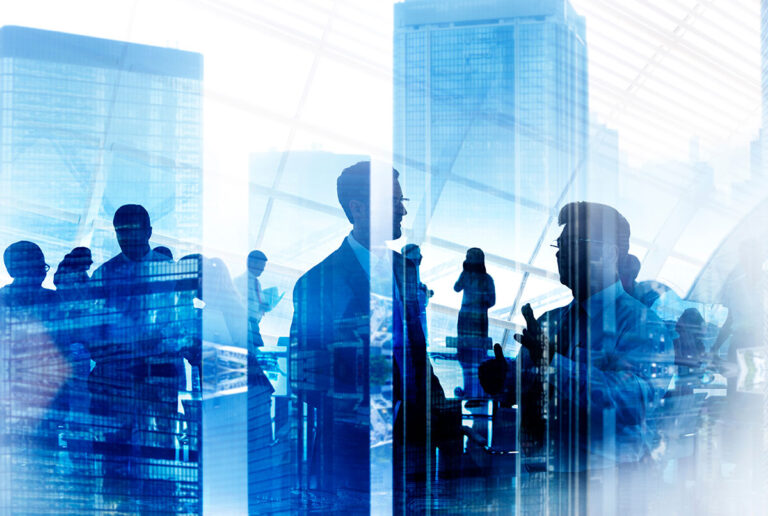 company team overlay over city scape